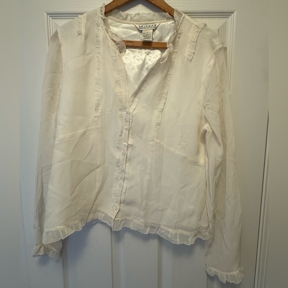 Uniform for John Paul Richards White Ruffle Blouse silk large| Boho Romantic Top